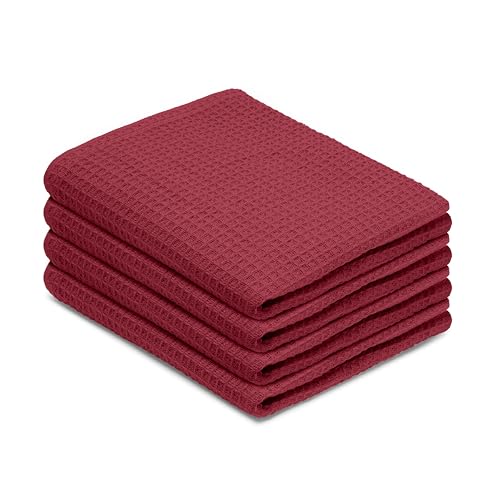 Blue Needles Waffle Weave Kitchen Towels, 15x25 Inches 100% Cotton Set of 4 Dish Towels for Kitchen, Ultra Soft & Absorbent with Hanging Loop, Spring Summer Dish Rags for Quick Drying - Burgundy - color: Burgundy, size: 15 x 25 - 4 Pack