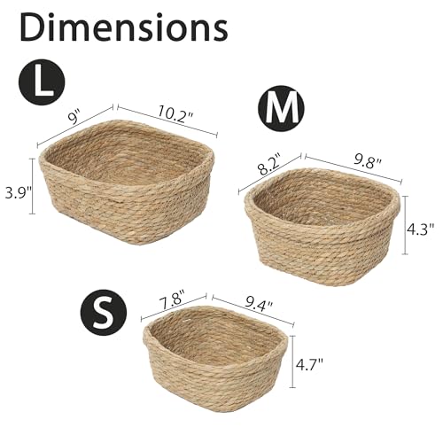 Square Seagrass Storage Baskets Set of 3, Hand Woven Stitched Rolled Edge Baskets, Boho Decorative Woven Baskets for Bathroom Kitchen Living Room Nursery
