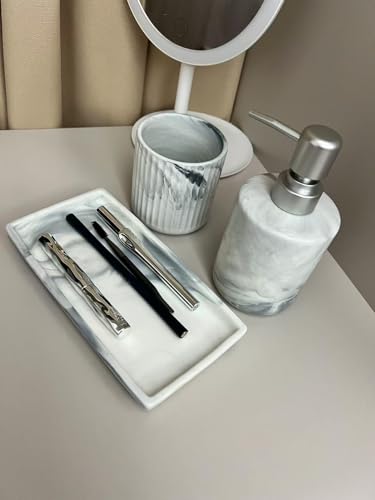 350ML Bathroom Soap Dispenser Set，Marble 3-Piece Countertop Organizer | Marble ceramic is suitable for soap storage on the washstand, liquid detergent on the sink, and lotion bottle on the dresser - color: Grey Ink Wash