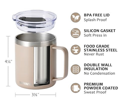 SUNWILL Travel Coffee Mug Set of 2, Insulated Tumbler with Lid, 14oz Stainless Steel Cup with Handle for Camping, Office, Home, Powder Coated Cream & Taupe - color: Powder Coated Cream & Taupe