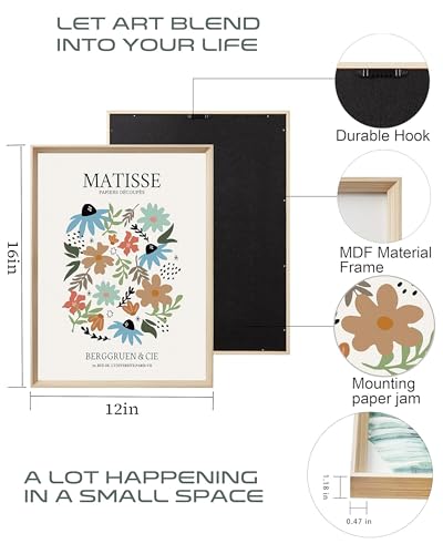 UPWOIGH Picasso Matisse Inspired Framed Art, 12 x 16 Inch, Set of 3 | Three Dancers, Floral and Tree Line Art Prints, Soft Pastel Tones, Light Wood Frames for Bedroom, Office and Gallery Wall - color: Matisse Picasso Green