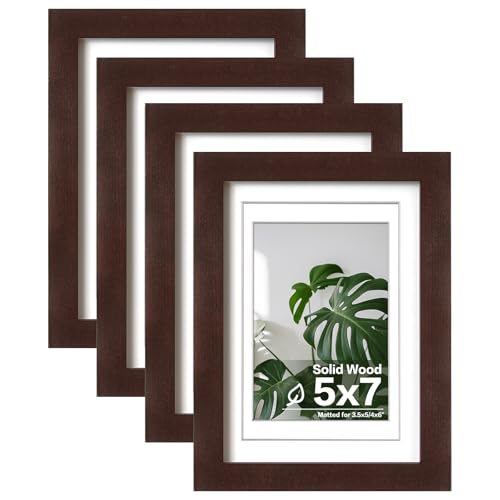 Egofine 5x7 Picture Frames Made of Solid Wood with Plexiglass, Display Pictures 3.5x5/4x6 with Mat or 5x7 Without Mat Set of 4 for Tabletop and Wall Mounting, Walnut Color - color: Walnut Brown, size: 5x7