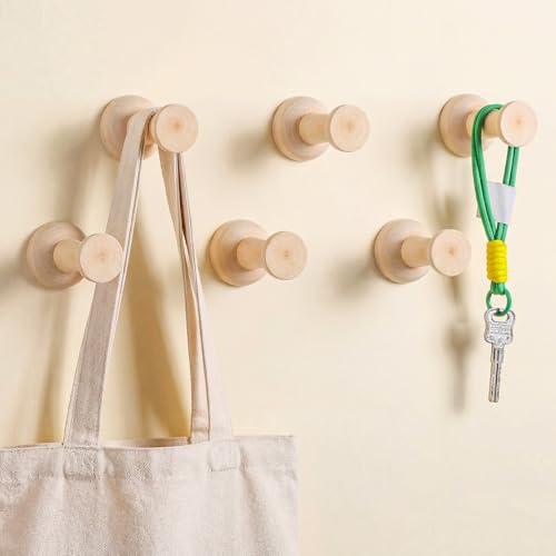 6 Pack Natural Wood Hooks Wooden Coat Rack for Wall Rustic Wood Hooks Vintage Adhesive Hangers Heavy Duty Decorative Rack for Home Bedroom Nursery Entryway Keys Hats Hanging Decoration - color: Wood, style: Pushpin