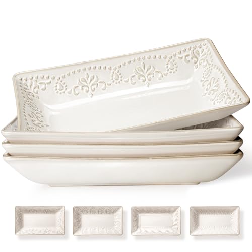 Salad Plates Set of 4, 9.85" Embossed Ceramic Rectangular Appetizer Plates, Deep Lipped Edges, Microwave & Dishwasher Safe, Dessert Sushi Pasta Serving Plates (White, Multiple Patterns) - color: White (Multiple Patterns), size: 9.85 inch