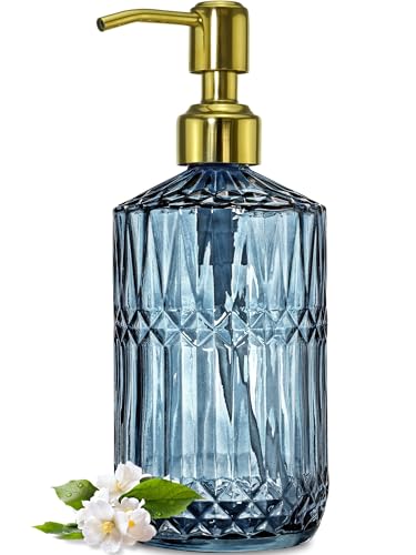 JASAI 18Oz Blue Glass Soap Dispenser with Golden Pump for Dish Soap | Refillable Kitchen Soap Dispenser with Thick Glass & Rust Proof Pump, Bathroom Soap Dispenser for Hand Soap, Liquid Soap. - color: Blue-golden Pump, size: 1Pack