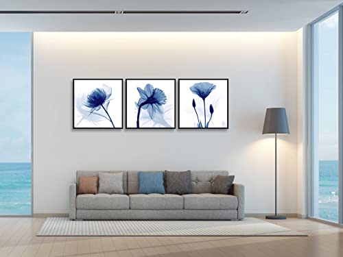 Wieco Art Framed Wall Art Blue Abstract Flowers 3 Panels Canvas Prints Home Art Modern Artwork Wall Pictures for Living Room Bedroom and Home Decorations Black Frame - size: 20x20inchx3pcs (Framed)