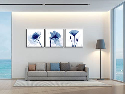 Wieco Art Framed Wall Art Blue Abstract Flowers 3 Panels Canvas Prints Home Art Modern Artwork Wall Pictures for Living Room Bedroom and Home Decorations Black Frame - size: 20x20inchx3pcs (Framed)