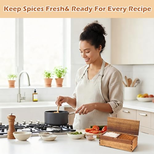 Acacia Wood Salt Cellar Spice Box with Magnetic Lid 29oz Large Capacity Salt Organizer 2 Compartments for Kitchen Countertop, Pepper, Seasonings, Spices, Grilling & Cooking - color: Acacia Wood, style: 2 Compartments