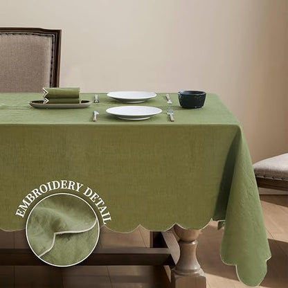 100% Pure Linen Scalloped Embroidery Rectangle Tablecloths 104Lx60W Inch for Dinners, Parties, Spring, Machine Washable, 8-10 Sets, 60''x104'', Olive Green(Edges-Gold) - color: Olive Green(edges-gold), size: 104" x 60" (Rectangular)