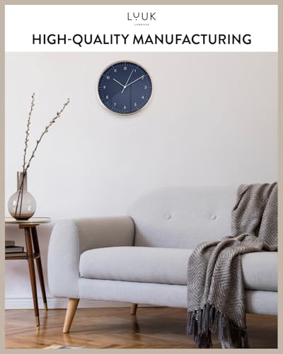 Modern Silent Quartz Wall Clock, 12in, Dark Blue & Gold | Elegant & Simple, Non-ticking, Analog, Easy-to-read display, Battery operated, for Guest room, Bedroom, Kitchen - color: Dark Blue, 12"