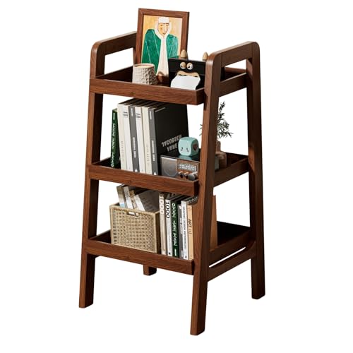 Solid Wood Ladder Shelf, 3 Tier Open Bookcase Storage Shelf | Space-saving vertical organizer, stable ladder structure, display solution for books, plants, decor and household essentials - color: Walnut Color