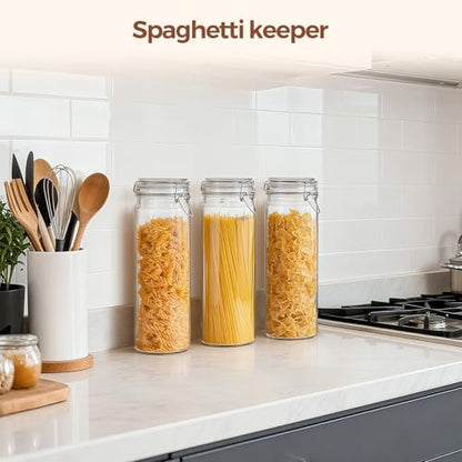 ComSaf Tall Glass Pasta Containers with Airtight Lids 68 oz 3 Pack Canister | Spaghetti linguine, Long pasta storage, Breadsticks, Vertical pantry organization, Cabinet organization, Dry food storage - size: 68oz 13" Tall*3