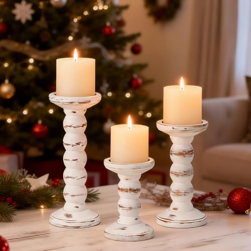 Wood Candle Holder, 3Pcs Rustic White Candle Holders for Pillar Candles, Solid Wood Decorative Candle Holders Distressed Wooden Farmhouse Candle Holder Large for Fireplace Table - color: Washed White
