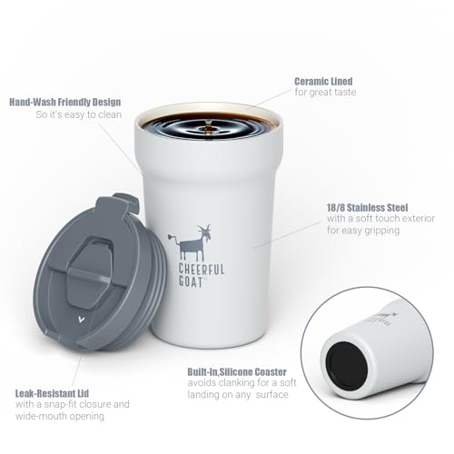 CHEERFUL GOAT Travel Coffee Mug – Stainless Steel Ceramic Lined Mug Insulated Tumbler, with lid, 12oz Leak Proof Cup for Hot and Cold Water Coffee at Home, Office, or On the Go (Grey) - color: Gray
