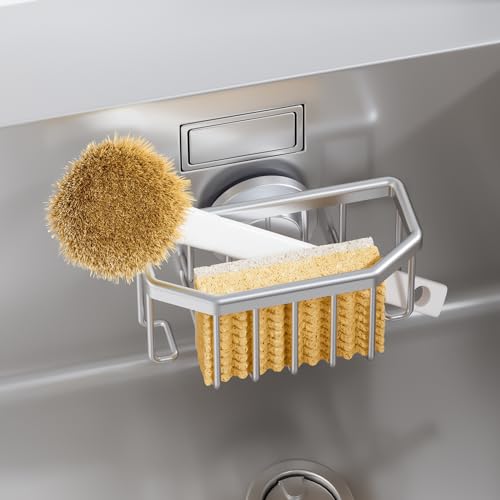 TAILI Sponge Holder for Kitchen Sink with Strong Suction Cup-Silver | Removable Sink Caddy for Kitchen Sink Oganizer, Rustproof Aluminum Sink Sponge Holder for Scraper Brushes, Stoppers - color: Silver, size: 6.1" x 3.5"