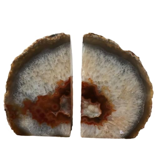 JIC Gem Natural Agate Geode Bookends Anti-Slip Rubber Bumpers 1 Pair 3-4Lbs | Natural Agate Crystal Shelf Decor, Weighted Stone Book Holders for Home & Office, Unique Gemstone Crystal Bookends Gift - color: Natural, size: 3-4LBS.