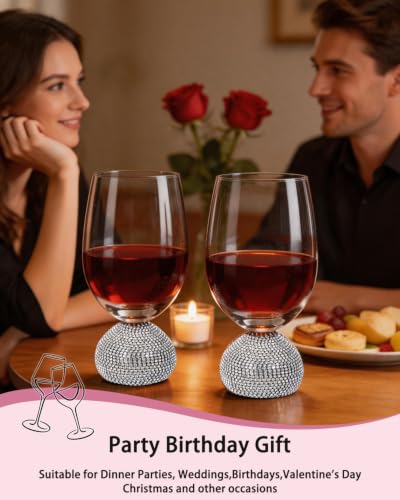 Stemless Fancy Wine Glasses Set of 4,Luxury Crystal Wine Glasses Hand Blown | 15 oz With Rhinestones Unbreakable,Perfect for Red or White Unique Wine Gifts for Women,Party,Birthday - color: Silver Red wine glass