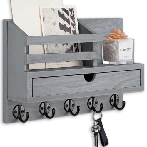 Key Holder Wall Mount, Mail Holder with Storage Drawer and 5 Key Hooks for Coat, Dog Leash, Home Decor Rack, House Accessories, Entry Way Organizer (Gray) - color: Gray, size: Standard - 11.8 Inch