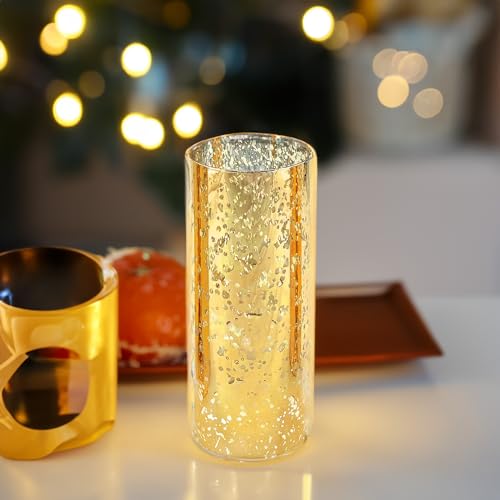 WGVI Hurricane Candle Holder Sleeve, W: 4", Ht: 10", Gold Speckled Glass Cylinder Open Both Ends, Chimney Tube Shade, 2 Pieces - color: Gold Speckle, size: 4x10"H