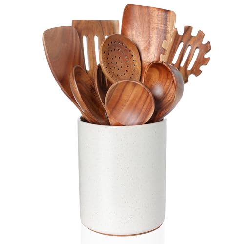 Wooden Cooking Utensils Set with Ceramic Holder,Teak Wood Utensils 10pcs | Holder for Countertop with Protection Cork Bottom,Nonstick Spoons, Cooking Spatula Set,Kitchen Decor, (Sand) - color: Sand (wood )