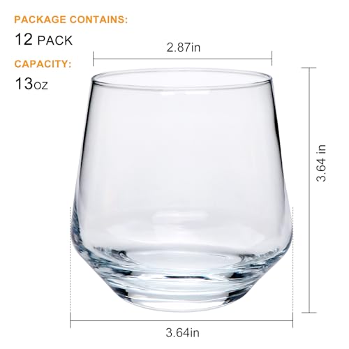 Wine Glasses Set of 12,13 oz Heavy Base Glasses Drinking Glasses | Short Glass Tumbler for Cocktail,Whiskey and Juice,Scotch or Bourbon,Dishwasher Safe Glassware,Gifts for Friend