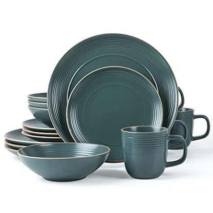 Arora RINGAR Round Stoneware 16pc Dinnerware Set of 4, Dinner Plates, Side Plates, Cereal Bowls, Mugs - Speckle Matte Green (434540) - color: Speckle Matte Green-Bowl/Mug, style: Round-Service for 4(16pcs)