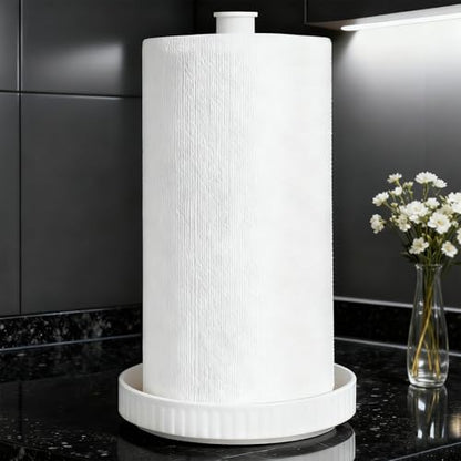 Paper Towel Holder, Ceramic Heavy Plate Base Wobble-Free, Roll Stand-White | Effortless Cleaning and Easy to Assemble, Super Large for Triple Rolls, High End Looking as a Good Gift for Kitchen Island - color: Chic White