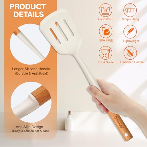 Large Silicone Kitchen Utensils Set with Holder, 25Pcs Cooking Utensil Set with Wooden Handle, Heat Resistant Spatula Sets for Cooking, BPA Free Silicone Utensils Set for Non-Stick Cookware(White) - color: White