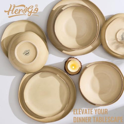 Herogo 12pcs Stoneware Dinnerware Sets for 4, Irregular Handmade Dinner Plates and Bowls, Kitchen Dining Dish Dishware Set, Microwave & Dishwasher Safe, Cream Khaki - color: Cream Khaki, size: 4 Set (12pcs)
