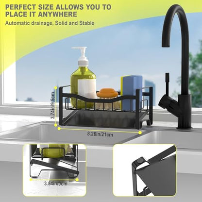 Stainless Steel Kitchen Sink Caddy Organizer with Auto Drain Tray, Sponge Holder for Countertop Storage - color: Mattle Black