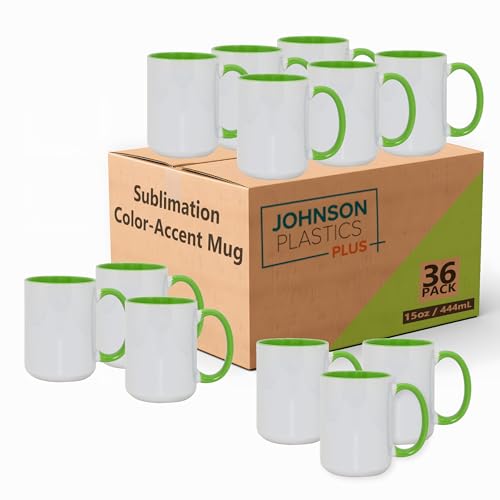 JPPlus 15oz Sublimation Mugs with Colored Handles & Interiors | Tazas para Sublimar, Bulk Mugs for Custom Designs & Branding | White Mugs Set of 12 or Case of 36- Light Green (36) - color: Light Green