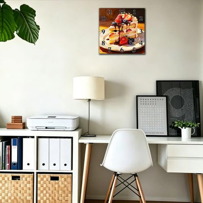Wooden Square Wall Clock 10 Inch Silent Non-Ticking Dessert & Cake Style Suitable for Cake Shop Kitchen Bedroom Living Room Dining Room - color: C5