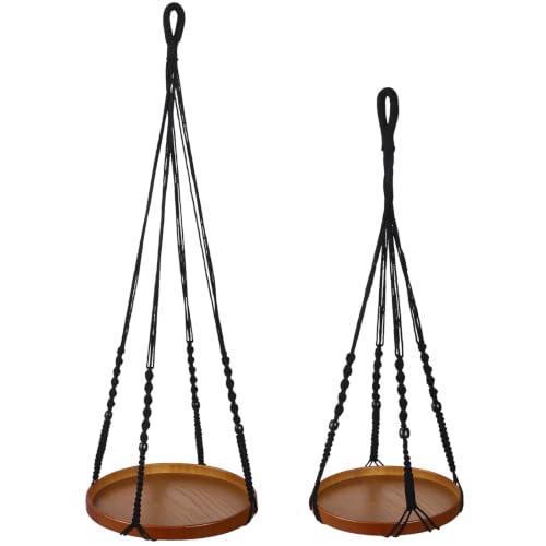 2 Pack Macrame Plant Hanger, 41'' & 32'' Plant Hanger Indoor Set with 12'' & 9.8'' Wood Trays, Bohemian Hanging Planter with Hooks for Living Room Window, Home Decor