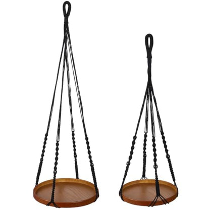 2 Pack Macrame Plant Hanger, 41'' & 32'' Plant Hanger Indoor Set with 12'' & 9.8'' Wood Trays, Bohemian Hanging Planter with Hooks for Living Room Window, Home Decor