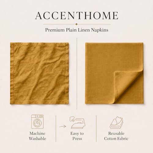 ACCENTHOME Mustard Cotton Linen Napkin Set of 6 18x18 inch Dinner Napkins - Washable Soft Premium Hotel Quality Reusable Napkins Perfect Table Napkins for Family Dinners, Weddings & Everyday Use | Cotton Linen Blend Napkins, Machine Wash On Gentle Cycle,