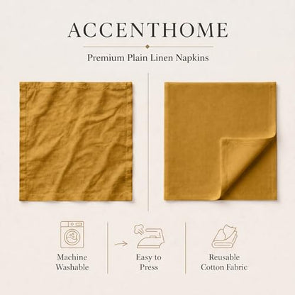 ACCENTHOME Mustard Cotton Linen Napkin Set of 6 18x18 inch Dinner Napkins - Washable Soft Premium Hotel Quality Reusable Napkins Perfect Table Napkins for Family Dinners, Weddings & Everyday Use | Cotton Linen Blend Napkins, Machine Wash On Gentle Cycle,