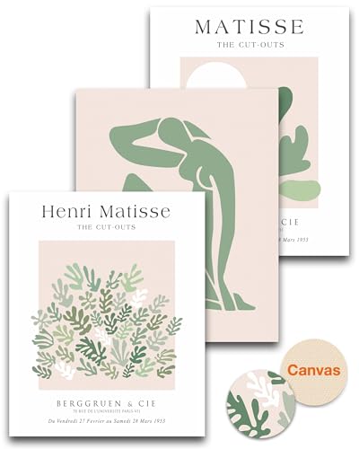 Unframed Matisse Sage Green Wall Art Set of 3, 12x16in | Matisse Inspired Green Botanical Canvas Prints, Abstract Minimalist Posters Wall Decor for Living Room Bedroom Bathroom - color: Unframed Matisse Green-1