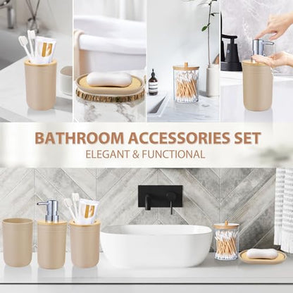 Bathroom Accessories Set 5Piece Beige Bathroom Sets, Toothbrush Holder, Toothbrush Cup, Lotion Soap Dispenser, Soap Dish and Qtip Holder Bathroom Decor - style: Beige