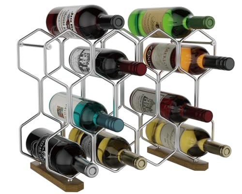Buruis Countertop Wine Rack, 14-Bottle Wine Holder with Wood Base, Chrome | Stable Acacia Wood Base, Red & White Bottle Organizer, Kitchen Bar Decor, Space-Saving Countertop Display, Modern Home Style - color: Chrome, size: Acacia Base