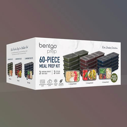 Bentgo Prep Meal Prep Kit, 1, 2 & 3-Compartment Containers, 60 Piece Set | Portion Control, Stackable, Microwave, Freezer & Dishwasher-Safe, Reusable, PFAS & BPA-Free (Rich Shades) - color: Rich Shades