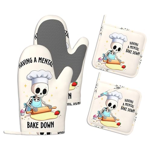 Oven Mitts and Pot Holders Sets,Cute Skeleton Thick Cotton Kitchen Oven Mitt Set,Funny Bake Waterproof Anti-Slip Silicone Mittens for Baking,Cute Cooking Utensils Set for Bakeries Barbecues - color: Cute Skeleton