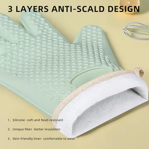 Silicone Oven Mitts, Non-Slip Waterproof Heat Resistant 450 Degrees Kitchen Gloves with Fingers, Cotton Lined Mitt for Grilling Cooking Baking - Mint Green (2 Pieces)