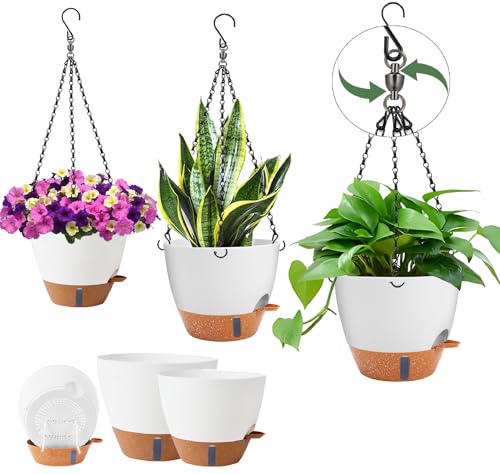 Heybe 3 Pack Self Watering Hanging Planters with Swivel Hanging Chains 20 Inches, 10/9/8 Inch Pots for Indoor Outdoor Plants, White - size: 3 Pack Pot with 20 inch Chains