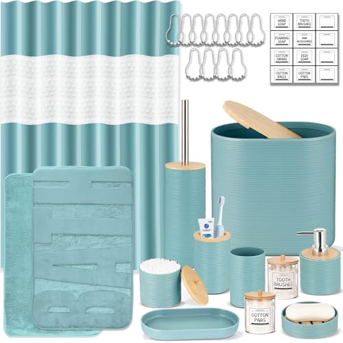 IMAVO Blue Bathroom Set,26Pcs Bathroom Accessories Set with PVC Shower Curtain,Rugs,Trash Can,Tray,Soap Dispenser,Soap Dish,Toothbrush Holder,Toothbrush Cup,Toilet Brush Holder and Qtip Holders - color: Blue, size: 26 PCS Bathroom Set+PVC Shower Curtain+R