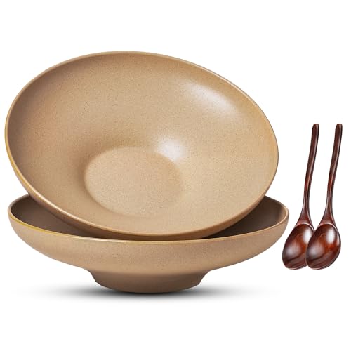 Ceramic Serving Bowls with Wooden Spoons Set of 2, Large Serving Bowl for Dinner Salad Soup Pasta Dessert Fish Fruit Chicken Bread, Oven Dishwasher Safe, 50oz Bowl for Entertaining, 9.75" - color: Yellow