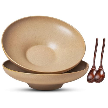 Ceramic Serving Bowls with Wooden Spoons Set of 2, Large Serving Bowl for Dinner Salad Soup Pasta Dessert Fish Fruit Chicken Bread, Oven Dishwasher Safe, 50oz Bowl for Entertaining, 9.75" - color: Yellow