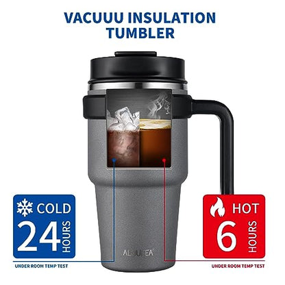 20 oz Insulated Travel Coffee Mug Tumbler with Handle and Straw | Leakproof Stainless Steel Coffee Cup with Lid, Double Wall Vacuum Ice Thermal Cup, Gray - color: Gray, size: 20 Ounces