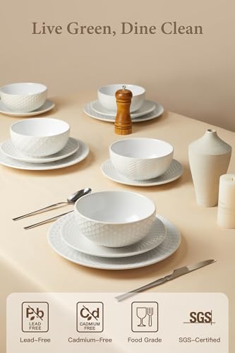 24 Piece Dinnerware Sets for 8, Premium Stoneware Plates and Bowls Sets, Microwave & Dishwasher Safe, Elegant Dishes for Entertaining & Special Occasions – A Stunning Gift for Large Families - size: Service for 8 (24pcs)