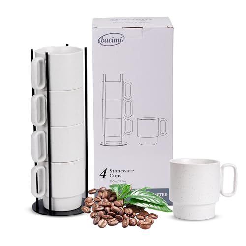 Bacimi® - Stackable Coffee Mugs Set of 4 with Metal Rack - Stoneware Mugs 13.5oz Coffee Mug Stand - Ceramic Coffee Cups for Latte, Cappuccino & Hot Beverages - Eggshell White - style: Set with Rack