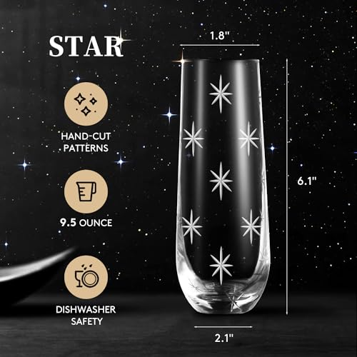 SHOSHIN Stemless Champagne Flutes - Elegant Hand-Cut Crystal Glasses - color: Stars